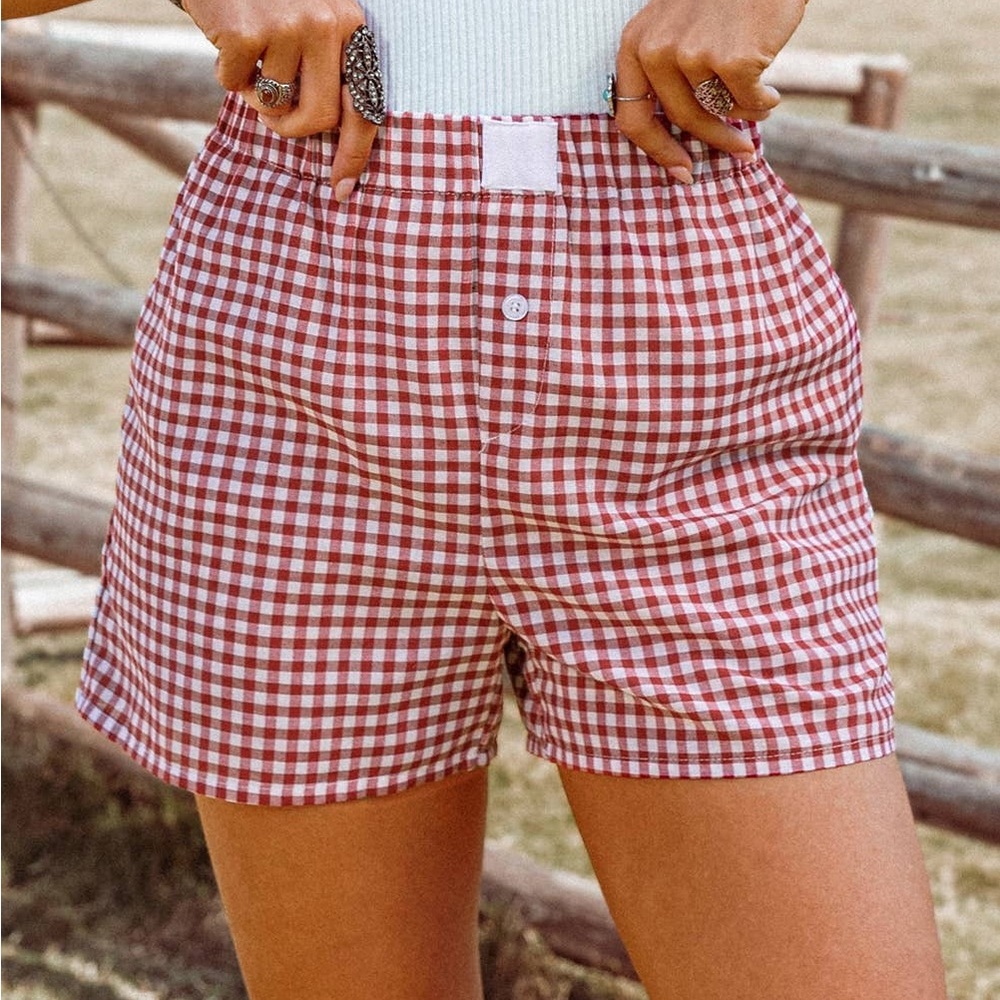 Red and White High Waist Checkered Summer Shorts